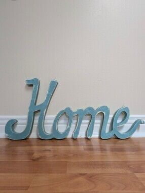 "Home" Cursive Hanging Wall Script, Coastal Contemporary (Chalk Painted)